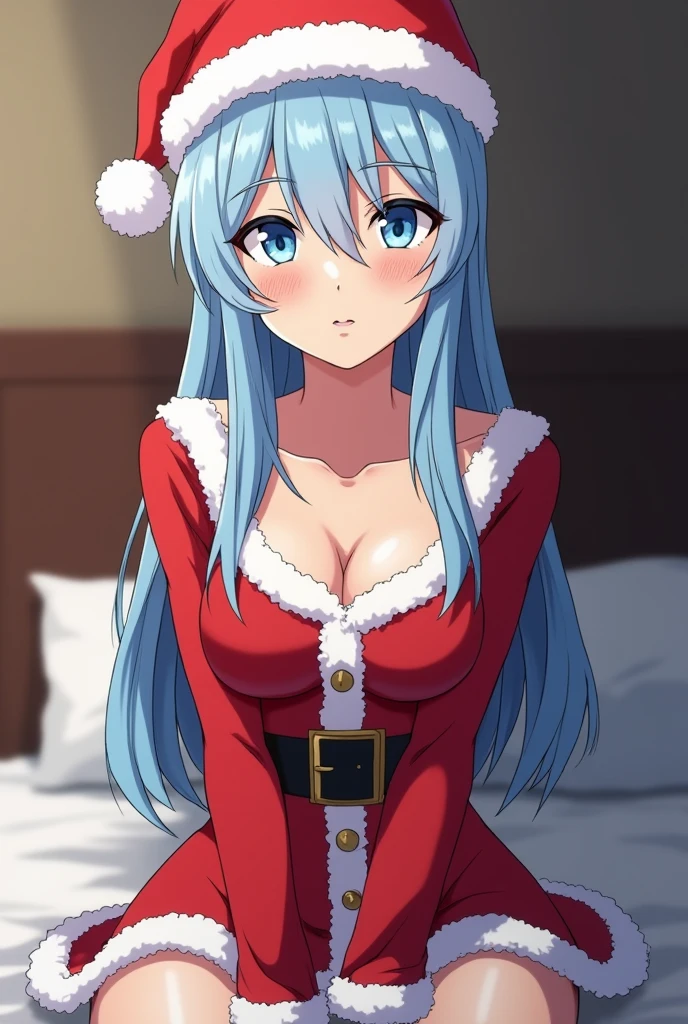 ((Light blue hair)),((long hair with curls,)),((With bangs)),(light orange eyes:1.3),(naked place々I decorated the body with a ribbon..),(moonlit room),(chandelle),((A room with a Christmas party atmosphere)),Slight red tide,((She is lying in bed .)),((bed covered with red and white roses)),(good quality and comfortable sleep),((breast closeup)),((Cleavage that looks modest)),((christmas ribbon collar)),NSFW,((all-fours)),(Insertion of extra thick and vibrator),(Agony face),(cum on),((copulation)),((Vaginal insertion)),