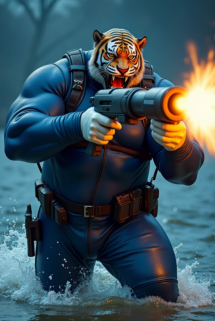 (A rugged beefy extremely muscular bulky old man), (wearing blue fullbody zipper wetsuit), (wearing realistic roaring tiger mask), shooting with cannon,  wearing bulky scuba gear, muscular physique, toned muscles, fierce, heroic, action, comic artstyle, bulky best quality, wearing white rubber gloves. wearing gun holster on left thighs, dynamic action pose, fierce expression, showcasing an imposing stature, powerful, best quality image, action-packed atmosphere, masterpiece. night sea background, soaking wet