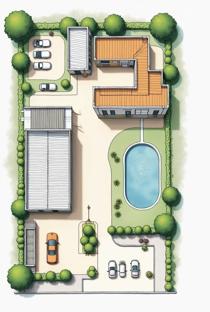  Drawing of an industrial plant containing basic services 

Administrative areas 
Process (l)
 Bodega
Restrooms
Parking  (car motorcycles )
Green area 
Water reservoir 
Combustible 
Dining room
Garita

Pointing out each of the points  