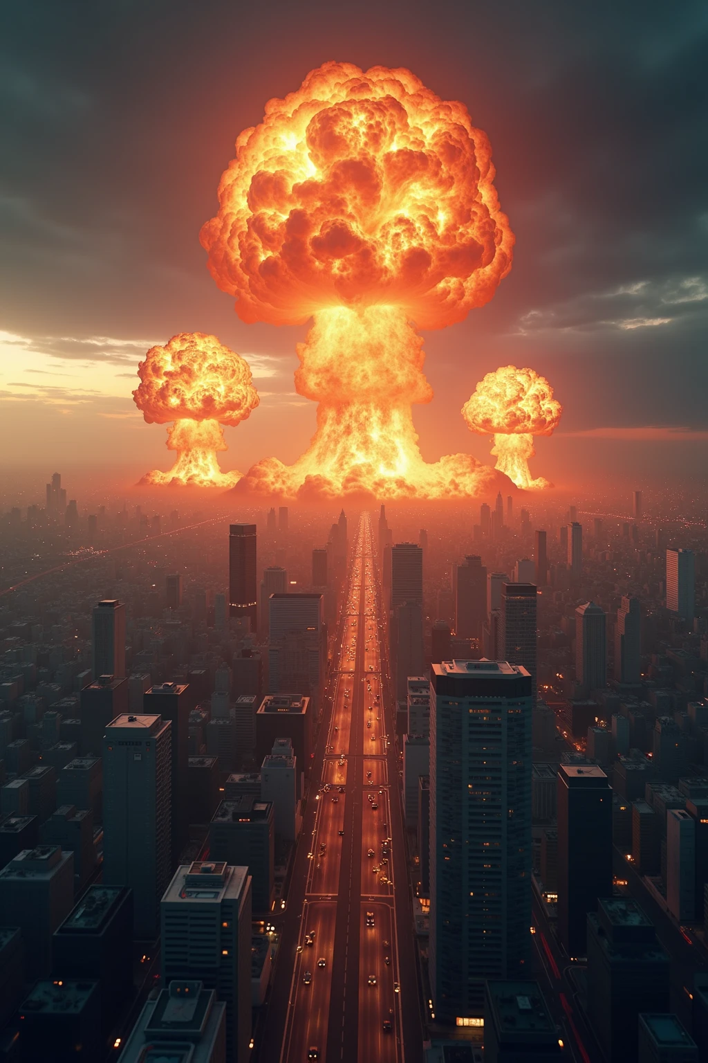 1 single bright gigantic nuclear explosion with mushroom cloud at Kowloon, explanding shockwave, Desolate wreckage, apocalyptic, city in ruined, dark night time, masterpiece, highest quality, Surrealism
