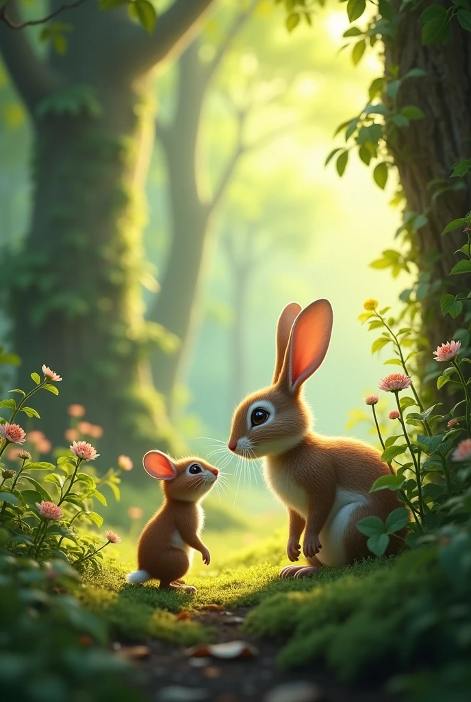 A mouse in the woods met a bunny - SeaArt AI