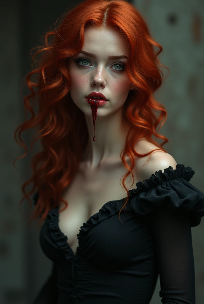aa portrait of vampire with a bloody tear coming down from he eye, an exotic beautiful female vampire, red hair color, dynamic hair style, ultra detailed face, best detailed face, silver eye color, ((1single red teardrop: 1.3)), ((tear drop made from blood)), ((teardrop coming down from the eye: 1.3)), small cleavage, wearing two black diamond earrings, Ultra-high resolution, High Contrast, (masterpiece:1.5), highest quality, Best aesthetics), 16K fantasy art, best details, best quality, highres, (ultra wide angle: 1.2), 16k, [ultra detailed], masterpiece, best quality, (extremely detailed), ladyshadow, magical sky, crying style, vampire teeth