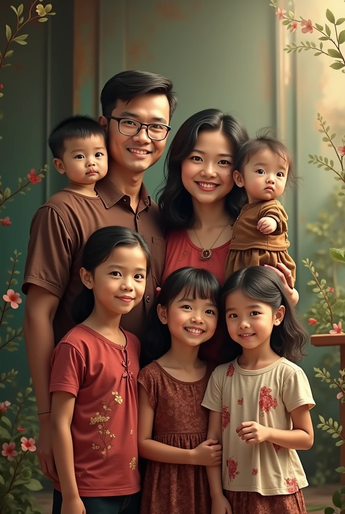 Real Pinoy person famiy pictorial. woman beautiful with dress my 4 children and her husband. her children are female and she has a sister and a brother and another brother .with attire.with flowers garden butterfly sitting in chair