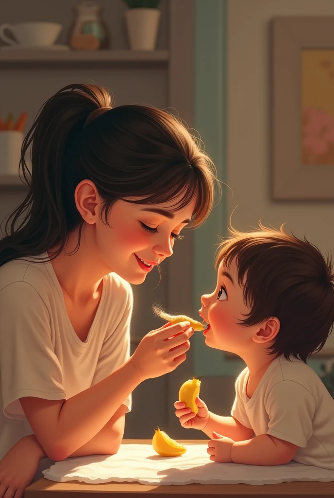 Mother and son are sitting on the bed of the room with banana in hand