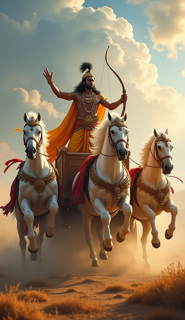 Create a vivid scene of Lord Krishna and Arjuna in their grand chariot, which is drawn by 5 white horses. Highlight Krishna prominently, showing him looking towards sky, he is holding Counch, he is blowing his divine conch shell , with a powerful and serene expression seen in the sky. The traditional mythicial chariot should be elaborately designed, featuring a prominent saffron flag on top of chariot fluttering above it, symbolizing its significance. Arjuna should be depicted sitting behind Krishna, Krisha is the Charioter, Capture the grandeur of the chariot and Krishna’s central role, with the background reflecting the battlefield’s energy and anticipation.