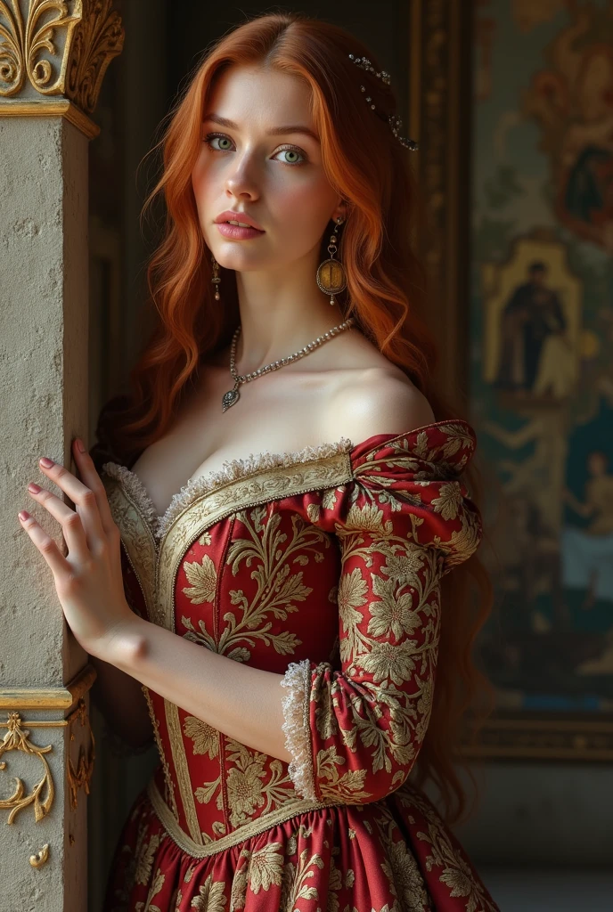 A seductive temptress with porcelain skin and blood-red lips, framed by the opulent trappings of a Victorian parlor. Inspired by Pre-Raphaelite art, her form is ethereal and romantic, with flowing locks and delicate features that evoke the beauty of a bygone era. realistic skin texture, smiling, large breast, sitting on a bed in a Victorian bedroom