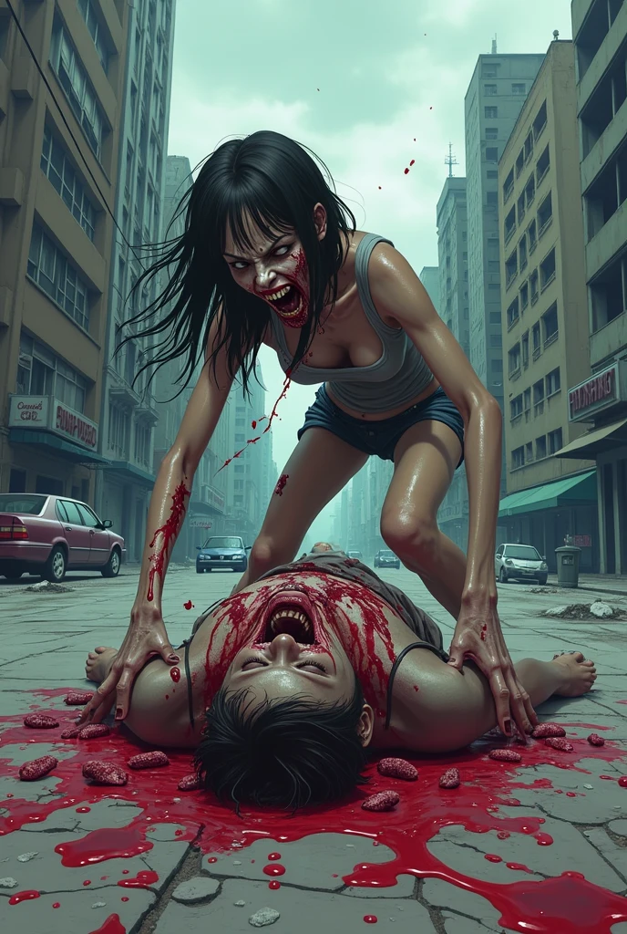 nsfw, vagina, (((One pretty woman、、Ahegao、Completely naked、Lying on your back、Short pigtails、Small breasts、Flat Chest、Spreading her legs、Nosebleeding、Blood from the mouth、Blood flowing from the neck、Decapitated、Behead、Wide-open eyes、Neck cross section、Severed Head、Headless、The eyeballs are popping out、Inside the pussy)))、Outdoor Roads