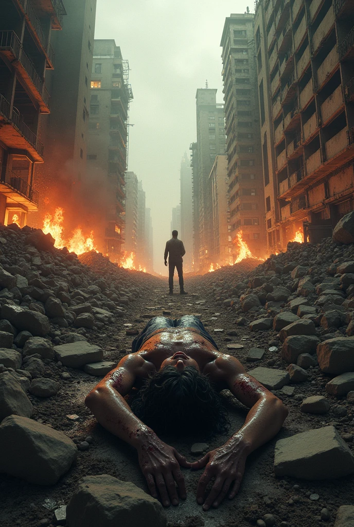 Fallen man in war gear, in a city destroyed by bombs