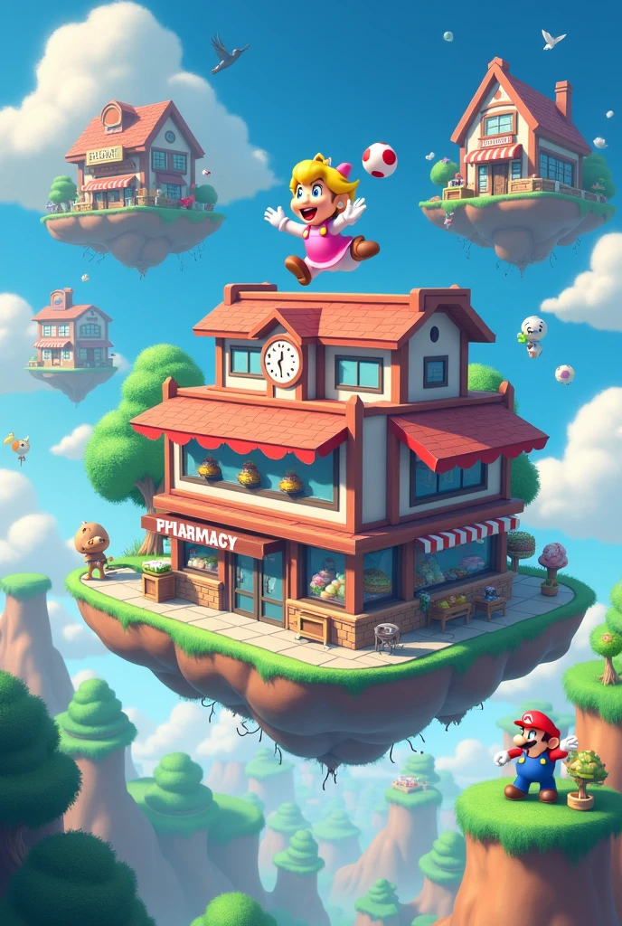 Crée une image : - établissement (pharmacie, boulangerie, Intermarché..) qui ont peu de gravité, il sont au ciel. - et il y a Mario, peach, Luigi qui saute par au dessus des établissements. 