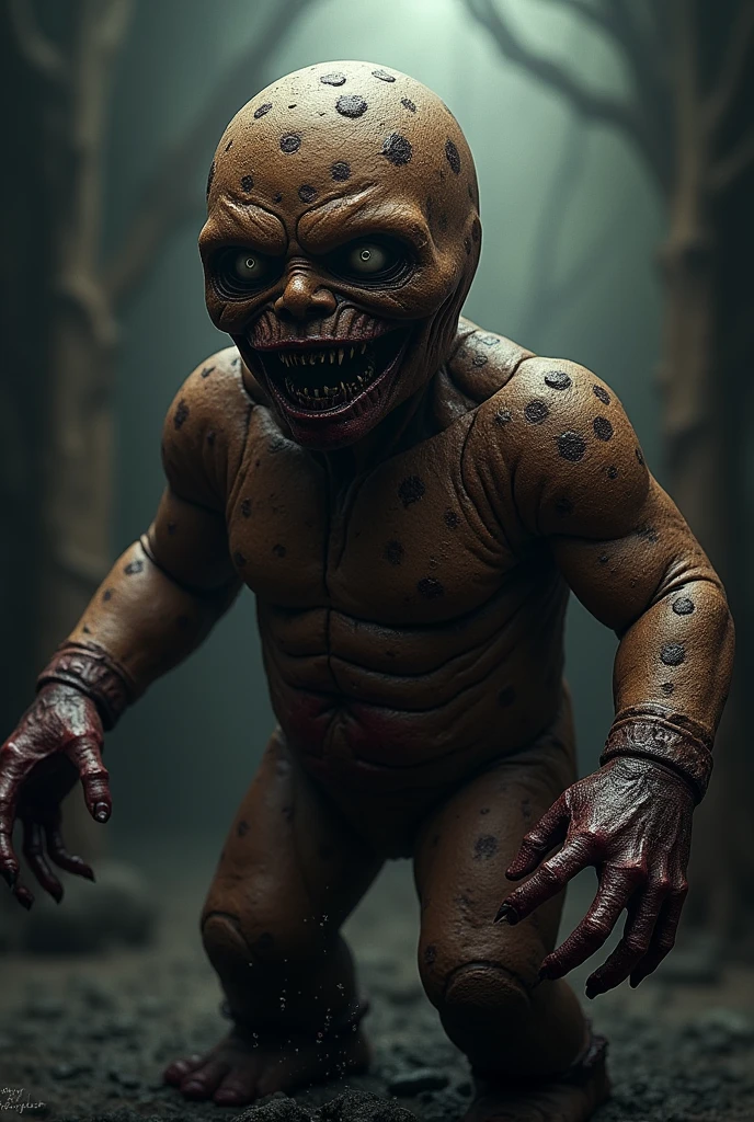 a child with black eyes without corneas, mouth with sharp teeth sticking out body covered in brown liquid, tentacles coming out of the cervical and hands with sharp claws, fictional horror