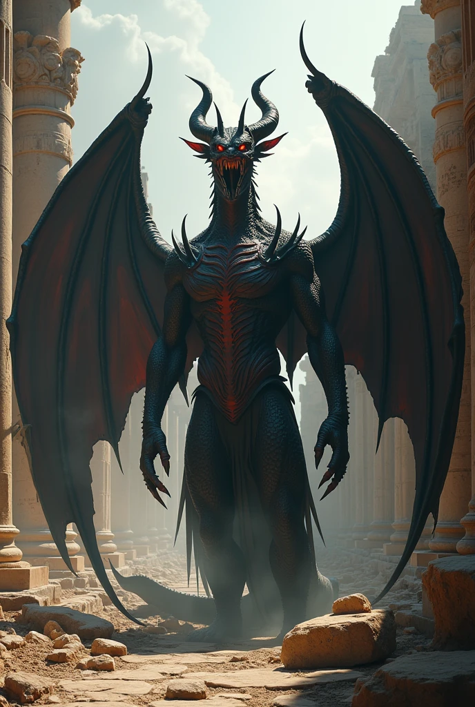 Bat-Serpent Hybrid fusion": "A nightmarish entity with the bat's membranous wings and face, merged with the elongated, sinuous body of a serpent, hanging from the ceiling of an ancient, crumbling temple."" Ultra HD high resolution 4K