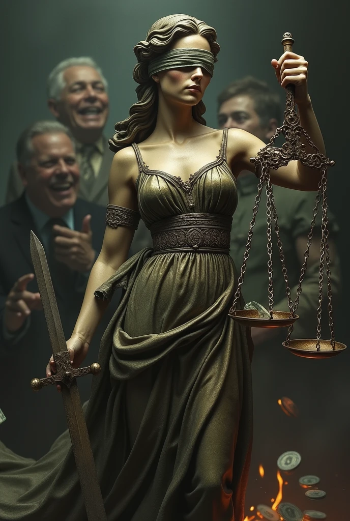  Image of Justice represented in a woman with the . blindfolded, In the.Right hand raises .una espada y In the mano izquierda  sostiene una balanza,  But it is so corrupted that the sword is broken ,  and the scale does not indicate balance .  In the background is the image of corrupt politicians who laugh and throw money at her,  all in an environment of terror ,  anxiety and darkness .