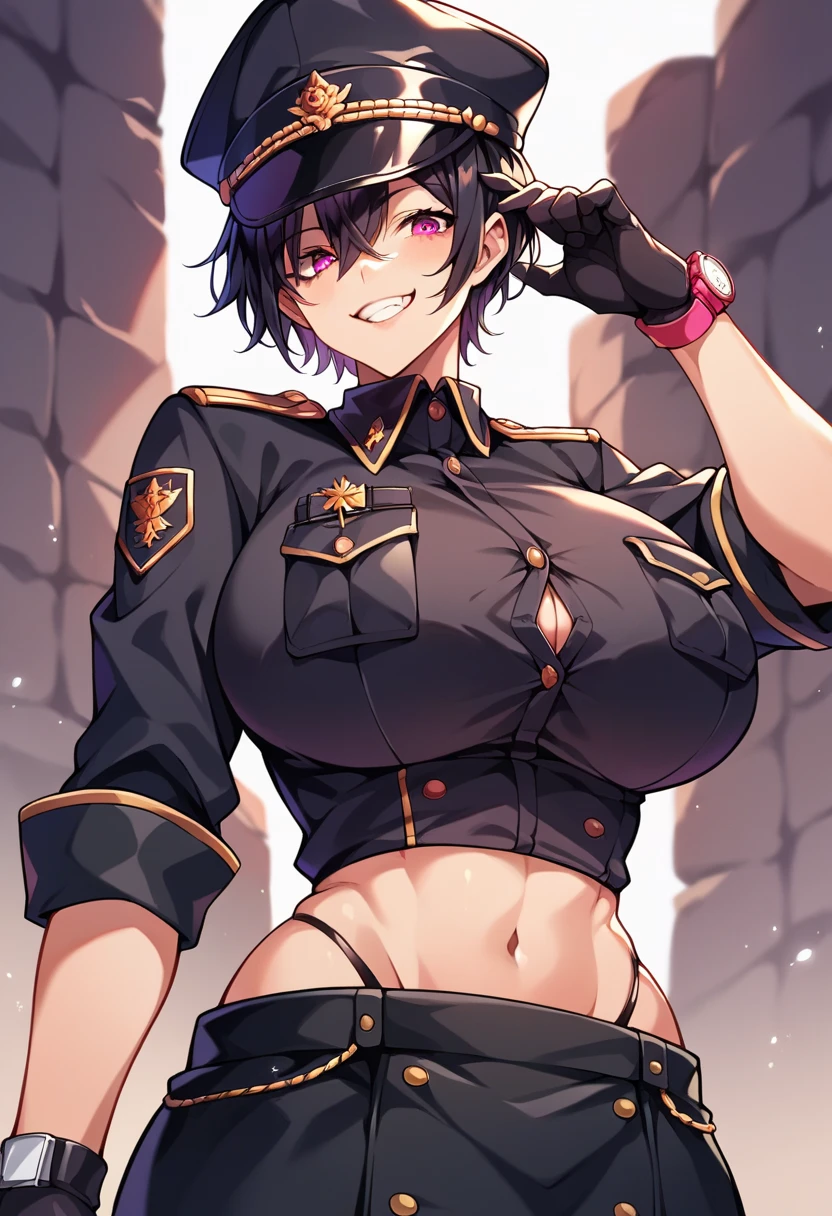 score_9, score_8_ up, score_7_ up, score_6_ up, score_5_ up, score_4_ up, ( source_Anime),    One girl , huge breasts,  Watch viewers, smile, tooth, black clothes,  short hair,  shirt, midriff,  skirt, thong,  black hair,  gloves,  has ,  clevis on a stone, hair between eyes, clavicle,  black  gloves,  pink eye, Green, uniform, black  shirt,  black headwear,  peaked cap , pocket, military  has , breast pocket, The button is partially unbuttoned ,  has  tip,  has  over one eye, indoor, military, military base,  upper body,  Purple Theme,