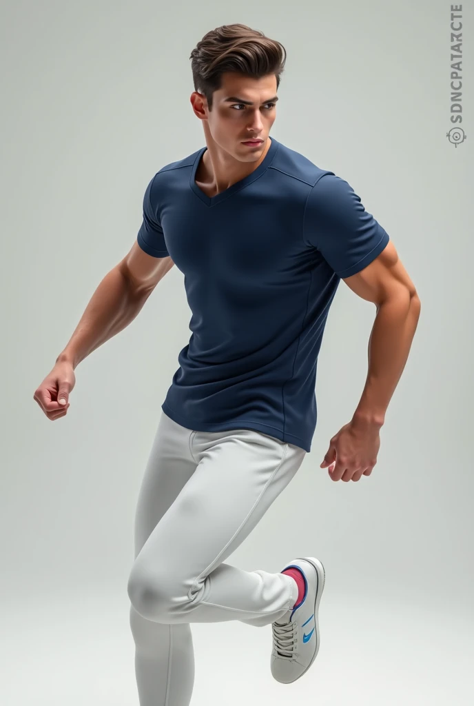 muscle handsome blonde guy 18 yo, wear transparent blue and white shirt, bulge shorts, standing on soccer field, akimbo