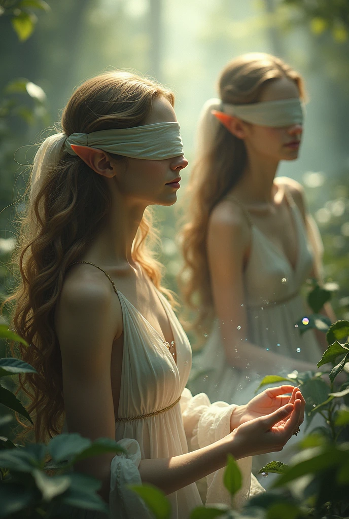 masterpiece, 1fairy, a flying female fairy, perfect face, light, glass tree forest, dramatic lighing,  blindfold, Super detailed, floating glow lights, Depth of bounds written, (shining dust)