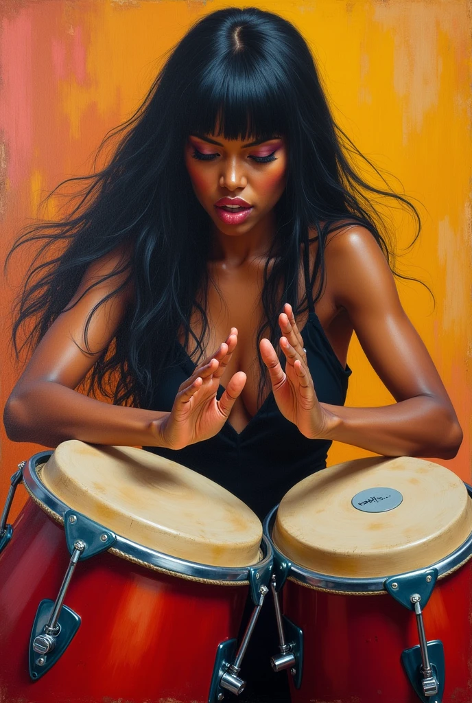 A painting of a woman with long black hair playing the congas