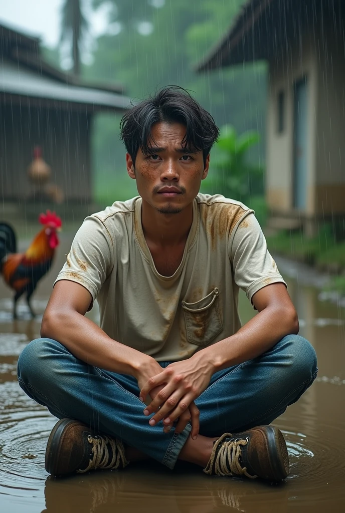 Hyper realistic, Masterpiece, detailed, 8k, a young indonesian man, tanned skin, shirtless, underwear, sitting, mudy ricefields, dirty body, sweat