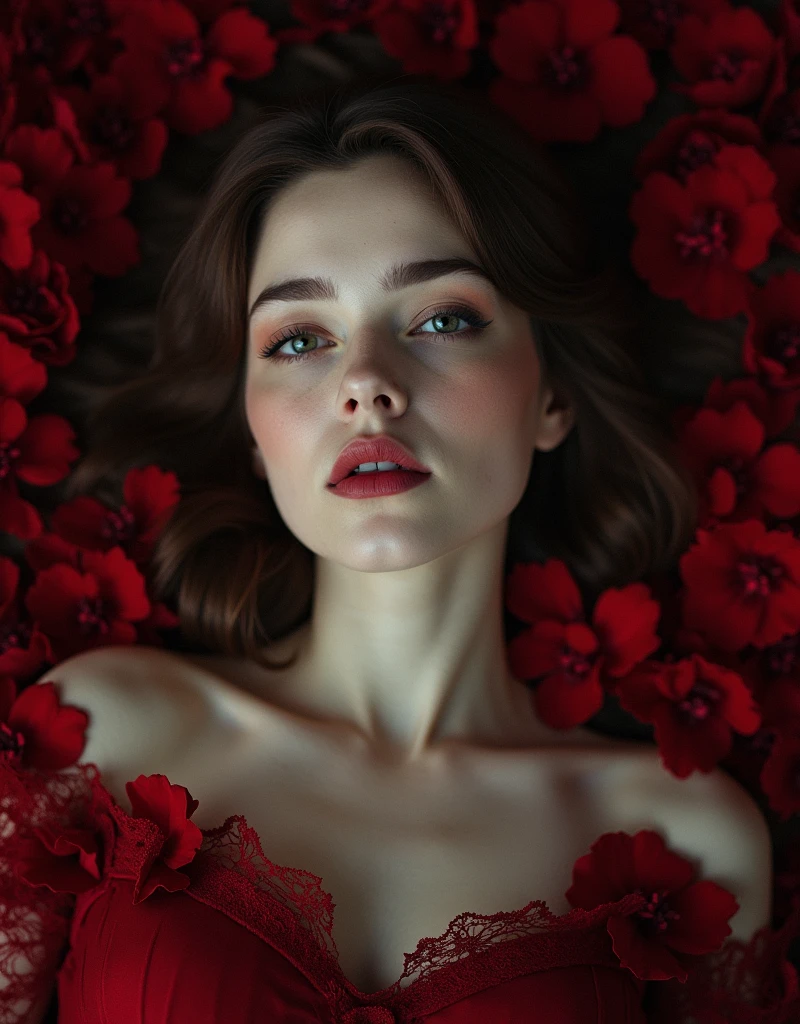 Beautiful woman shows her beautiful body naked, lying on red petals high angle photography 