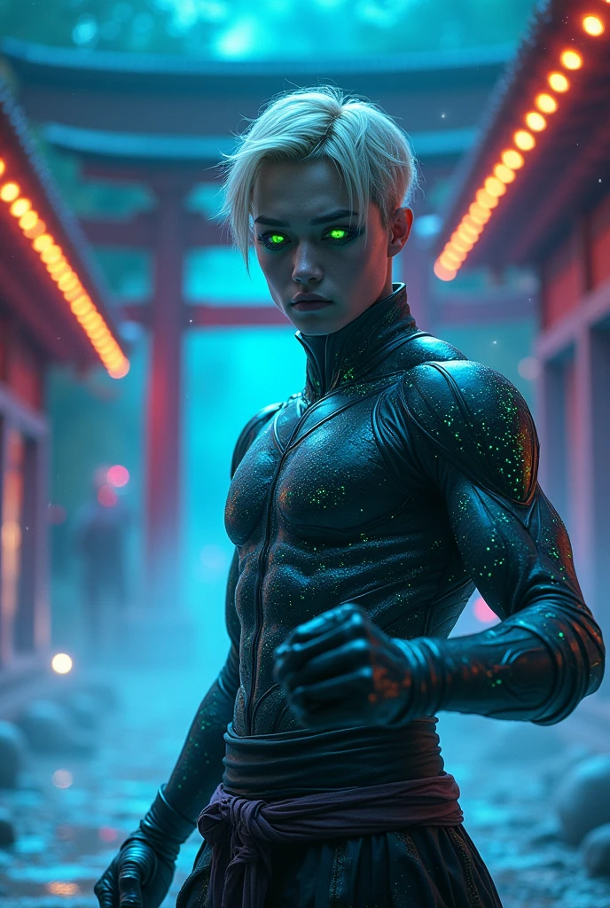 dynstopian cyberpunk, (full body:1.2), 1boy, man, handsome, solo, [:creative costume design,:0.2] gunslinger, neon darkcyan (shiny silver chestplate:1.4), caucasian, oldlace hair, (slim:1) build<lora:EnvyStarlightDystopianCyberpunk01:1>
