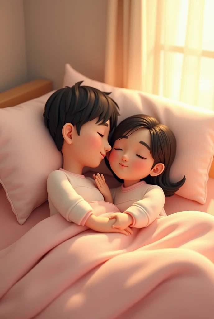 a couple in romantic in bed girl age18 chubby face and boy age is 24 chubby and dark brown create realistic 3D and high resolution HD work. cute flowers background.