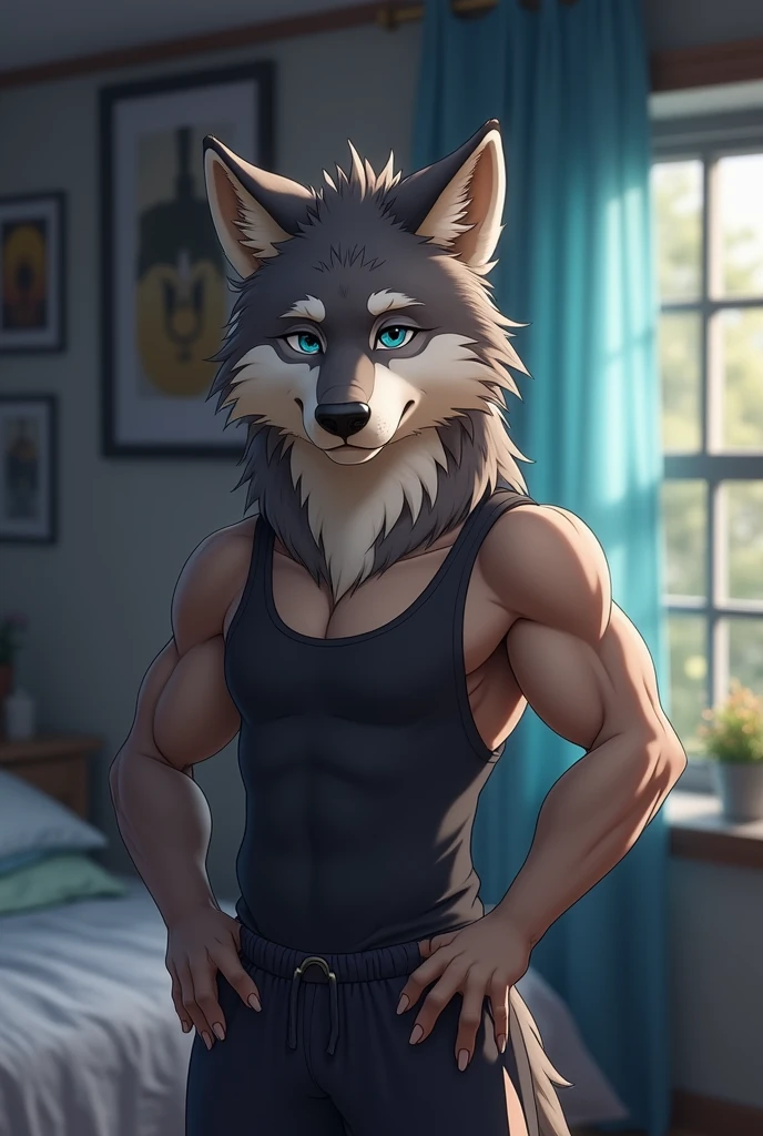 Furry, wolf, male, muscular, shirtless, look at viewer, smiling