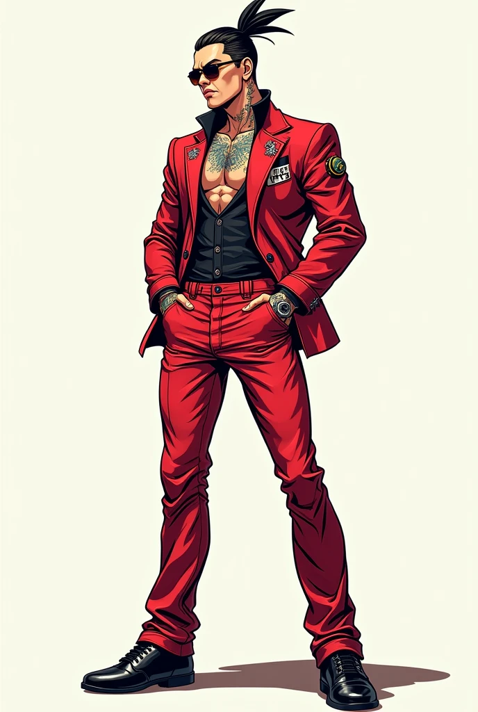 Generates a man of 1, 98 slim but marked, blue eyed blonde, with short hair, Caucasian, of completely red pants, cob red and black sneaker, a red hat and sunglasses, shirtless on chest, with cowboy hat and drawn in manga style