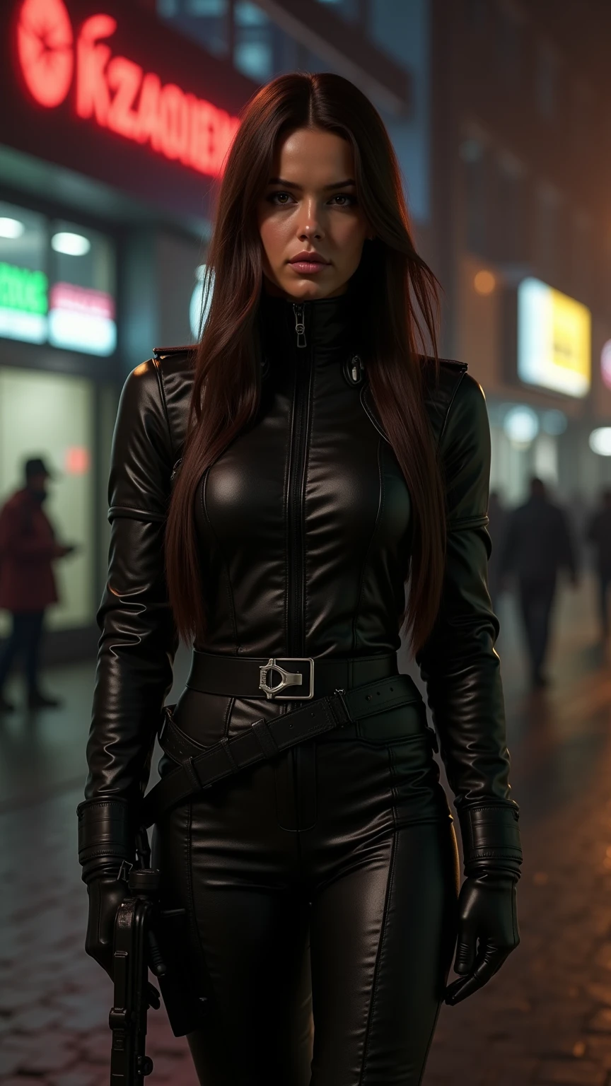 Assassin in futuristic time, lands from the roof onto the bandit, in a futuristic world, In the evening, the assassin uses short bladed weapons and is dressed in black clothes