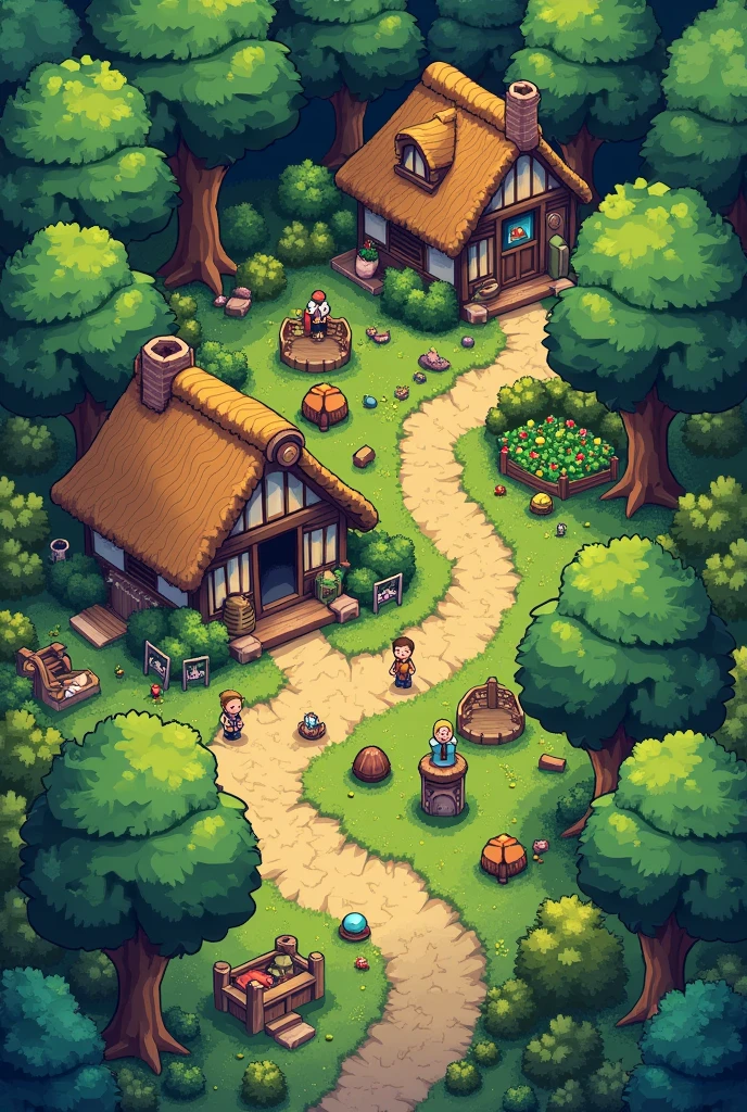 a pixelart-style map of a forest with houses and people.