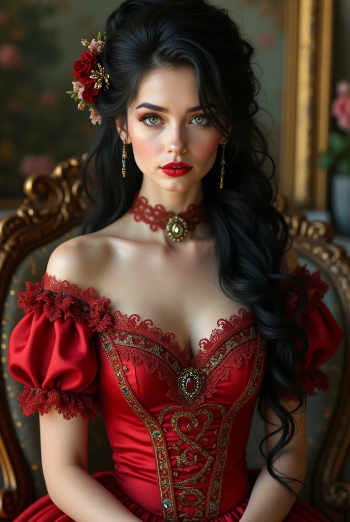 Create a beautiful woman, green eyes, detailed eyelashes and eyebrows, red mouth, long curly black hair tied on one side of the head, hat and a flower, jewelry ornament, wearing a red Victorian style dress with lace and gold thread, lace choker with jewels, legs with black lace stockings, wearing a pair of high heel shoes, red soles, in intricate rococo style designs, with gold thread applications, atelier background, flowers, light falling on the hair, in the highest quality.