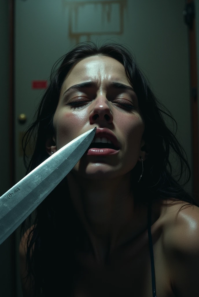An indian woman stabbed by her boyfriend, the knife plunges into the right breast blood streaming down but she has and orgasm face