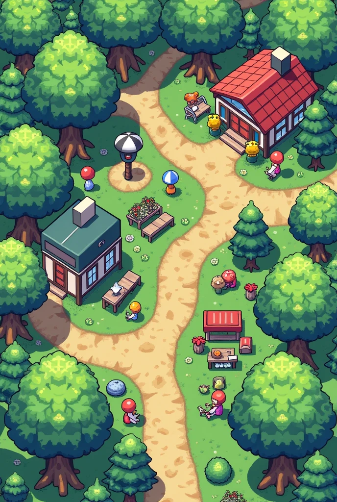 Create a detailed 8x8 and 16x16 pixel art tileset for a GBA-style map of an enhanced Pallet Town. The tileset should reflect the following features:

Grass: Use various shades of green with small flowers scattered in the corners. Some grass tiles should vary in height, with subtle elevation changes for variety.

Paths: Design stone or wood paths (8x8 tiles) with rough textures, adding details of moss and dried leaves. The paths should look worn and natural, appropriate for a country town.

Water Areas: For water (16x16 tiles), create detailed benches with rocks and small flowers. Include small docked boats and make sure the water reflects the sky, showing subtle color changes depending on the time of day.

Houses: Houses (16x16 tiles) should have different types of roofs (steep and flat) and facades. Some houses should include flower pots, colorful doors, or small garden fences around them.

Professor Oak's Laboratory: The laboratory should have a prominent facade with a unique 16x16 design. Add a garden with small plants and an outdoor research area, with interactive details like tables or equipment inside.

Market Stalls: Include a small market area (16x16 tiles) with colorful stalls or booths next to the houses. Include NPCs interacting with produce like fruit or other items, with additional details like ren and elderly people chatting nearby.

Trees: Include a variety of trees (8x8 or 16x16 tiles), such as pine trees and fruit trees, with layered vegetation and vibrant, colorful flowers. Different trees can have their own distinct patterns for variety.

Sky and Lighting: Create a dynamic sky (16x16 tiles) with clouds and flying birds, changing color depending on the time of day (bright and bright for morning, orange or dark for sunset and night). Include subtle lighting effects, such as streetlights turning on and soft shadows cast by trees and buildings.

Interactive Elements: Create interactive areas, such as fishing spots, or NPCs sitting on park benches interacting with Pokémon. ren can be seen playing with Pokémon nearby. Use 8x8 and 16x16 tiles for such interactions.

Ground Objects: Scatter small objects on the ground (8x8 tiles), such as rocks, boxes, or toys, for added detail and interactivity.

Overall Style: Use vibrant colors and pixel art techniques that capture the friendly, lively atmosphere of Pallet Town while staying true to the spirit of the classic Pokémon games. The overall design should include both close-up (8x8) and larger tiles (16x16) to create a cohesive, detailed world with dynamic interactions."

 