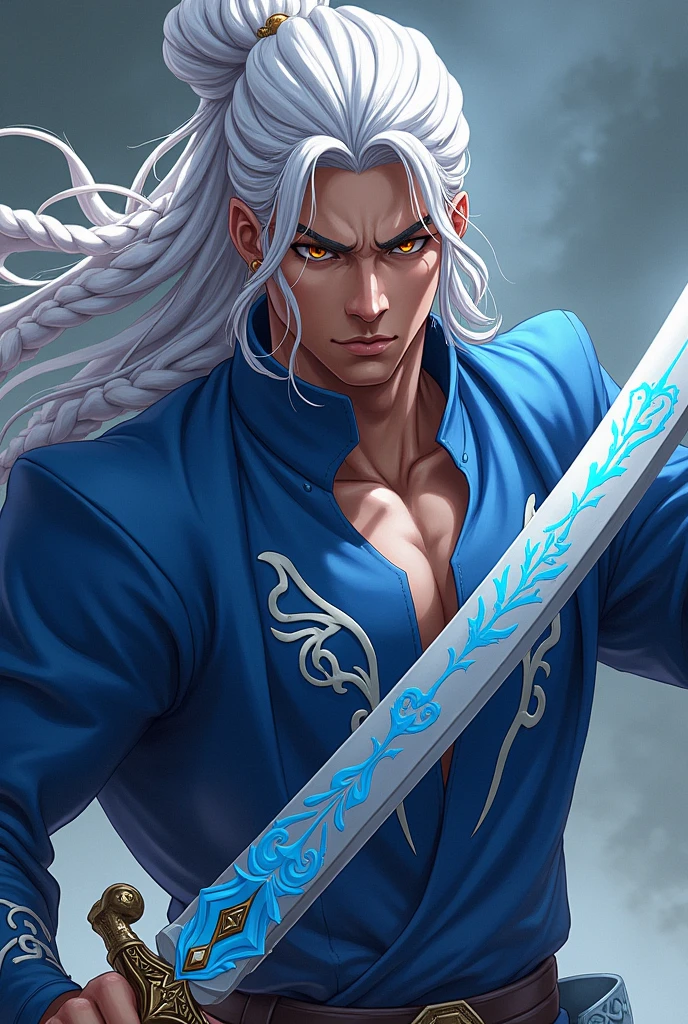 Criar imagem de um garoto de 23 anos, cabelos brancos, olhos azuis, estilo anime, lindo, O garoto chamado Jake deve usar uma roupa estilo pirata e ter uma katana