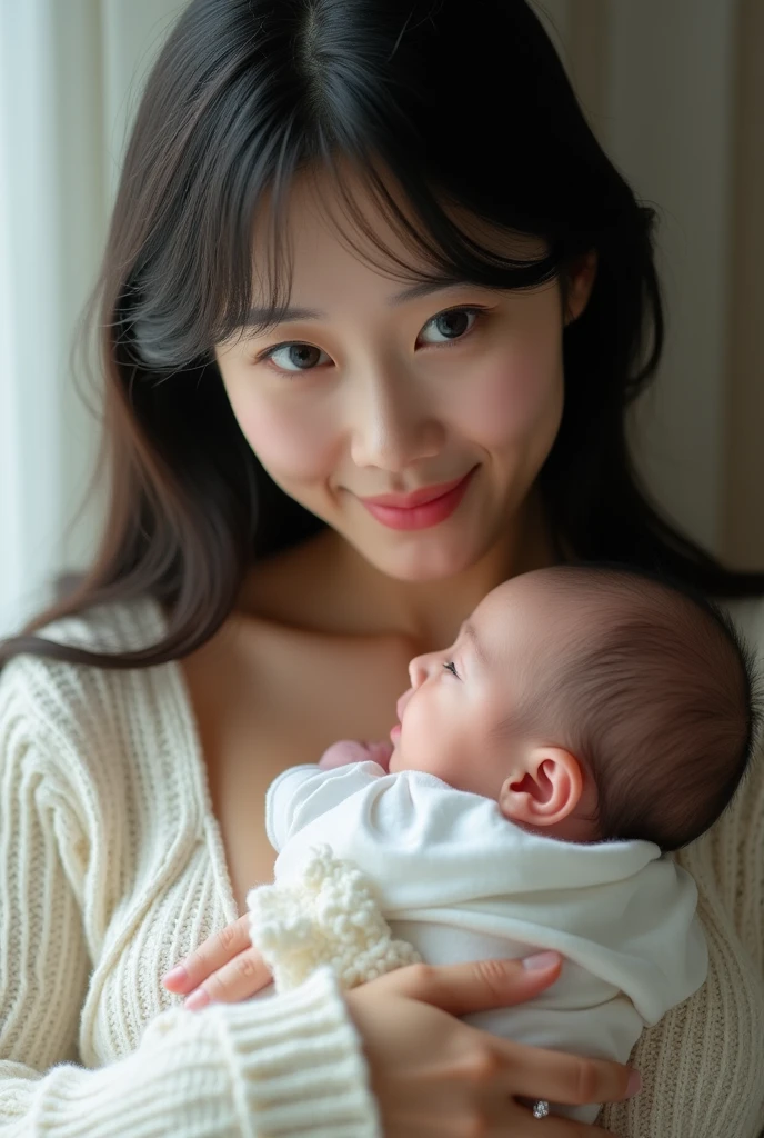 Completely naked、Lower body naked、No underwear、Lower body exposed、Pussy、Realistic, woman ((29-year-old)), hair (( length, black )), accessories ((Earrings, hair clip)), hair bun, Huge , Korean Makeup, smile, Sitting on the couch, Carrying your baby on your lap, ( Ultra detailed baby face ).