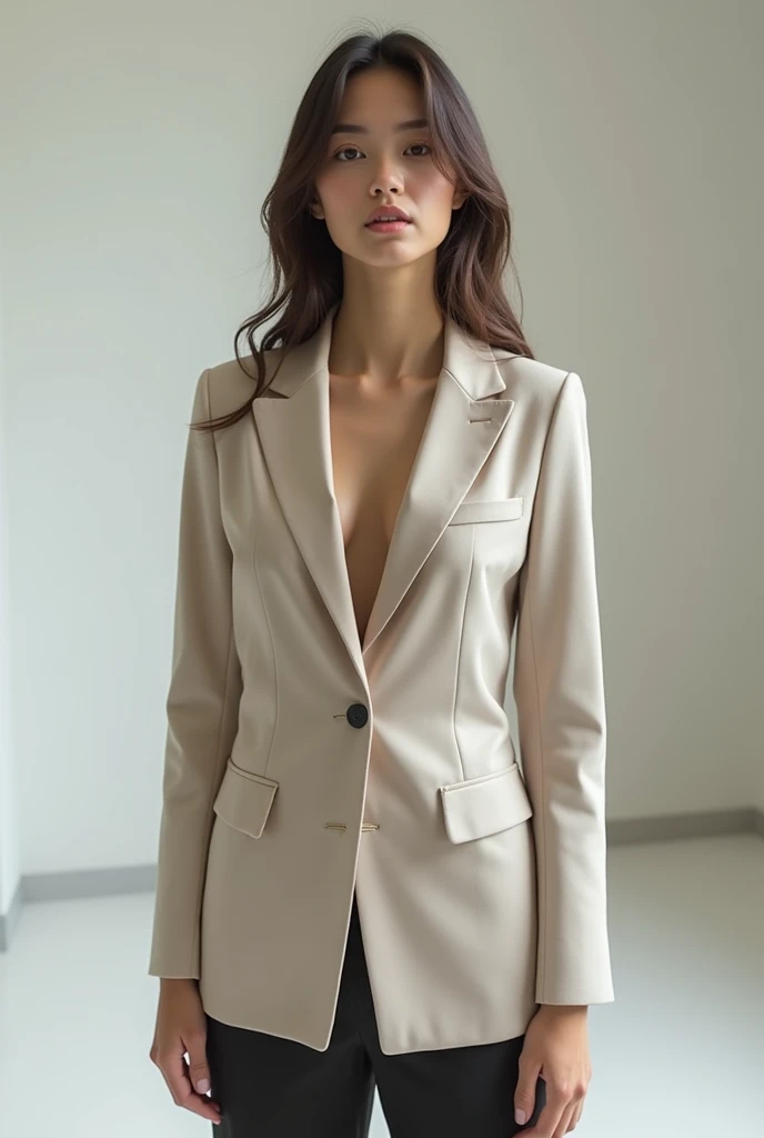 Create a fashion poster featuring a women's blazer as the main product, with the brand name 'N'Lin' prominently displayed in the image. The poster should exude elegance and sophistication, appealing to young women with a refined and trendy sense of style. Use a minimalist design with a clean background, focusing on the blazer's details and quality. The typography should be sleek and modern, and the placement of 'N'Lin' should be tasteful yet noticeable, reinforcing the brand's identity within the high-fashion market.