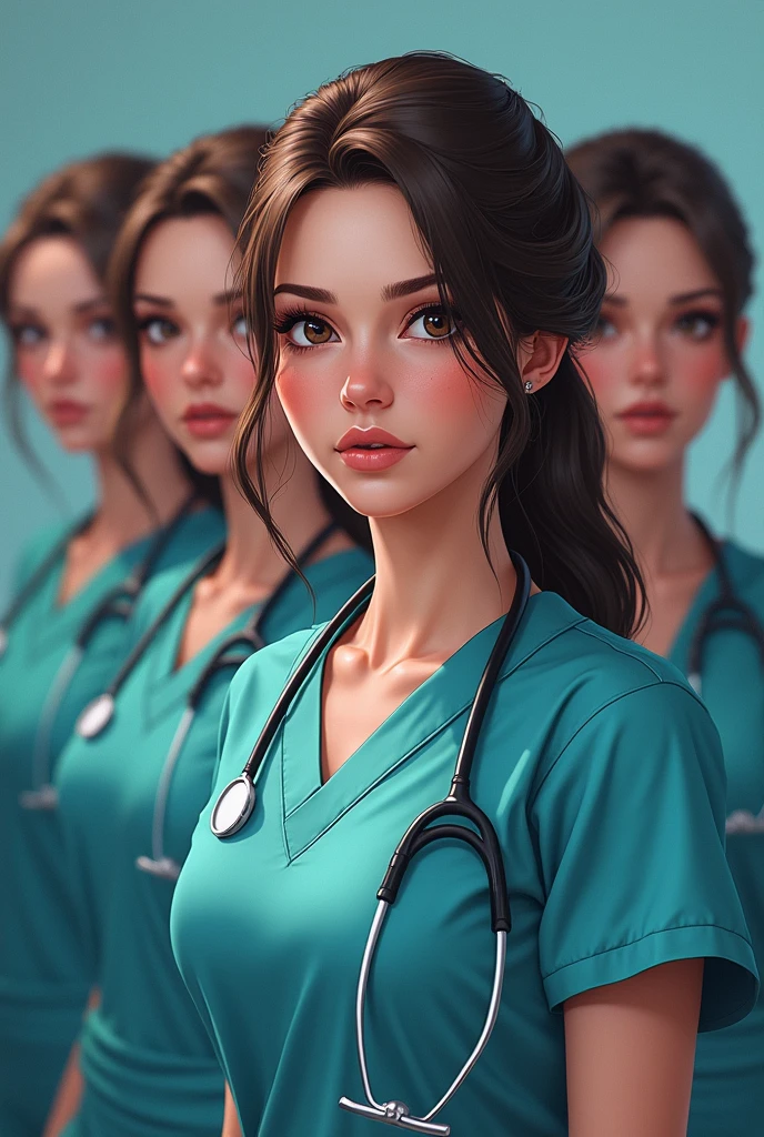Five brunette women, Brown eyes, Hair tied up. She is a doctor in the French army.. Her outfit gives us a glimpse of her beautiful décolletage.. She put the stethoscope to her ears、Looking at the camera and wearing blue latex gloves.