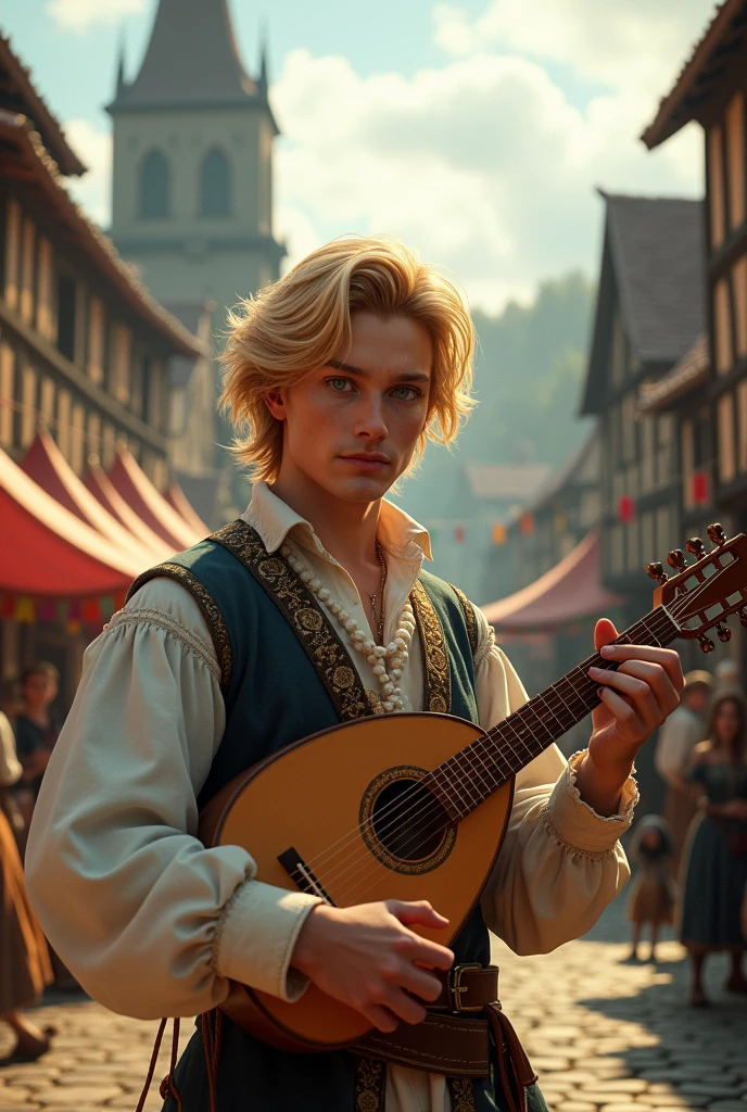 
Make a young man in a fantasy-medieval setting. He's a minstrel, and a member of a traveling troupe of actors. He's in his mid 20s, and incredibly handsome. Dark hair. Beaming smile. 