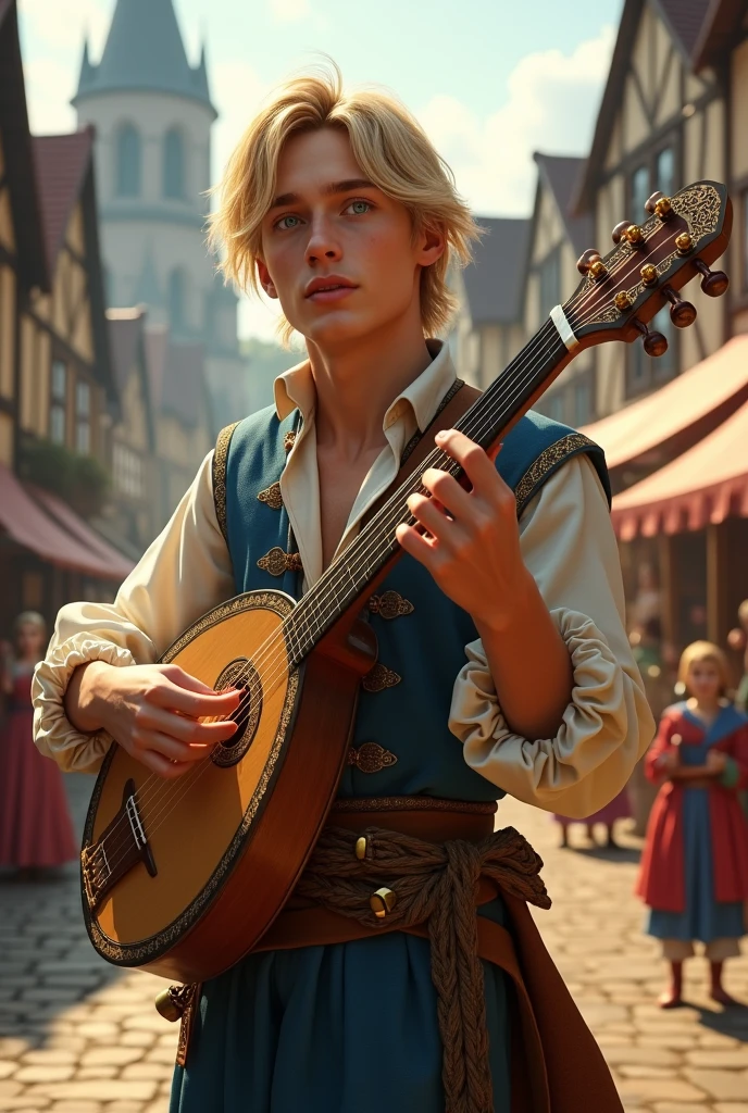 
Make a young man in a fantasy-medieval setting. He's a minstrel, and a member of a traveling troupe of actors. He's in his mid 20s, and incredibly handsome. Dark hair. Beaming smile. 