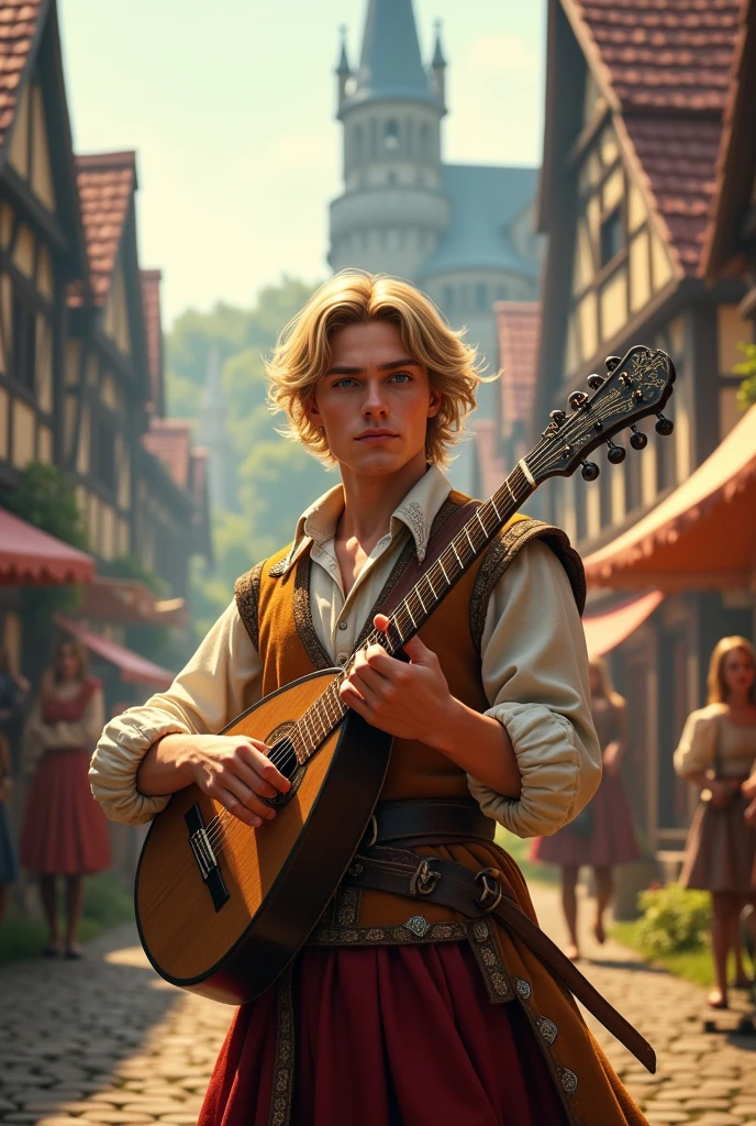 
Make a young man in a fantasy-medieval setting. He's a minstrel, and a member of a traveling troupe of actors. He's in his mid 20s, and incredibly handsome. Dark hair. Beaming smile. 