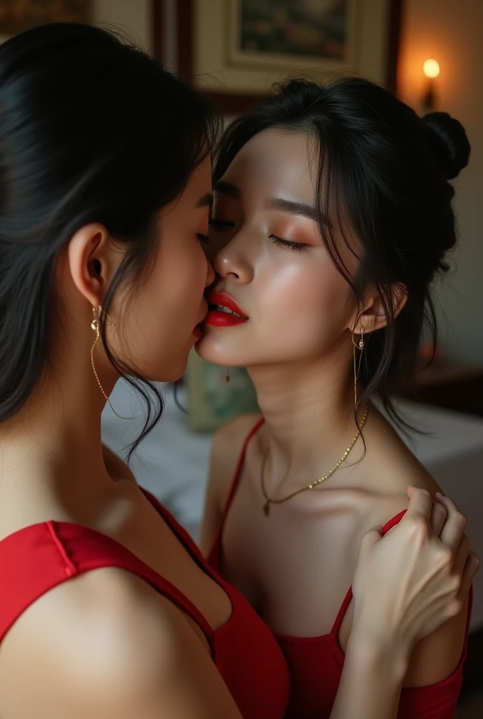beautiful 35 yo indonesian hijab teacher wearing glass,black bra,medium breast,pale eyes,laying on the table,hug from.behind by a 20 yo woman medium tit,,short hair,wearing red lingerie,kissing,front view,,make out,women on top,lesbian sex,,lips sucking nipple