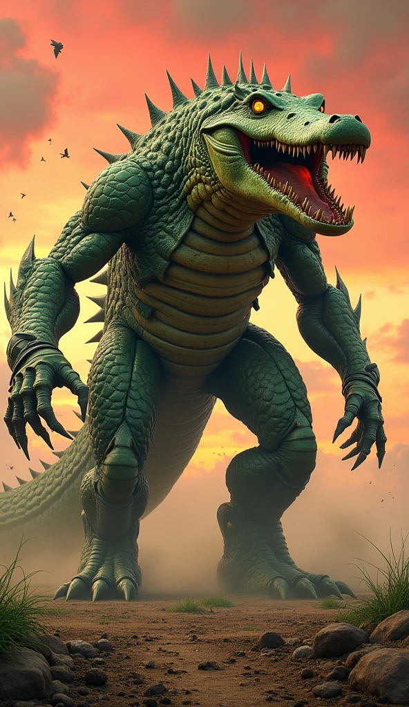 ((best quality)), ((masterpiece)), ((realistic)), (detailed), Gigantic Monstrous Extraterrestrial High-Tech Reptilian, Quadrupedal Multipedal, Four-Fingered Hands, Quadrifurcated-Tailed Spiked-Tailed, Slimy Skin, Webbed Ears, Split Jaw SageGreen, ((masterpiece)), 8K, HDR, <lora:add_detail:1>, <lora:LowRA:0.5>
