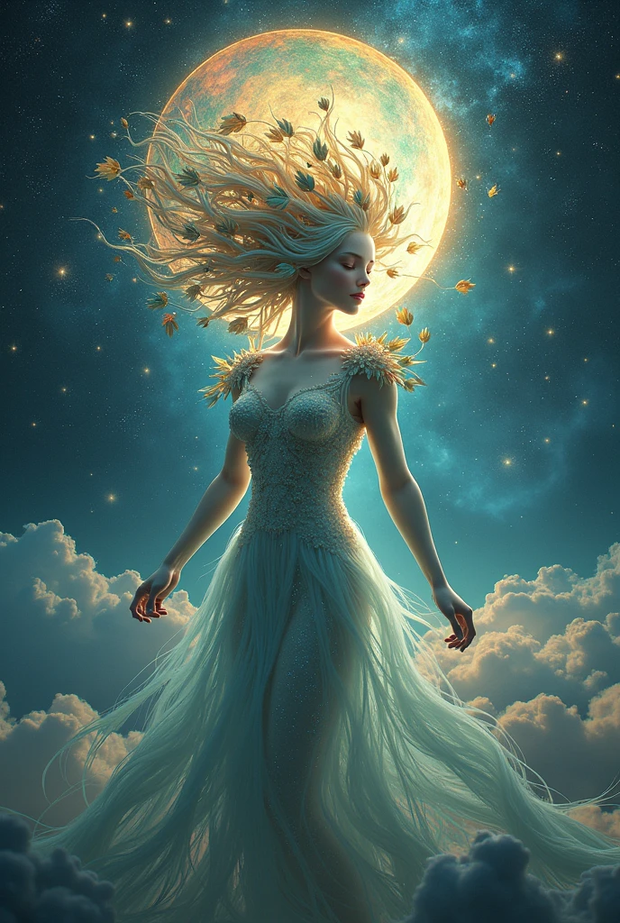 A ethereal, feminine figure with a sorrowful yet regal bearing. Long, flowing golden hair cascades down her back and shoulders. Her skin is pale and luminous, almost translucent. She has large, expressive eyes that shine with a mix of wisdom and melancholy. Ahania is Naked and Have big to show , flowing robes in shades of pale blue and silver that seem to merge with clouds or mist around her. The robes appear almost liquid-like, shifting and swirling as if moved by an unseen breeze. Her face is beautiful but marked by an expression of deep contemplation and a hint of anguish. She may have one hand reaching outward, while the other is pressed to her heart. Surrounding Ahania are subtle symbols of wisdom and sorrow - perhaps a crescent moon, stars, or fragments of scrolls or books floating in the space around her. The background should suggest a liminal space between earth and sky, with swirling clouds and hints of celestial bodies. The overall tone should be dreamlike and surreal, capturing Blake's visionary style and the complex, spiritual nature of Ahania as a representation of wisdom and pleasure separated from the divine. She is surrounded different small moons the circle behind her she is glowing Goddess she looks like a beautiful Korean lady