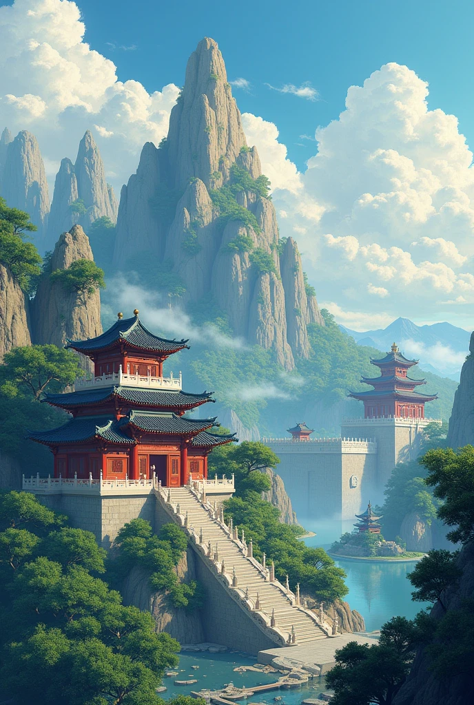 Chinese ancient building, exquisite and fine, real, tree, mountain, water, sunshine, waterfall, flower, Xiuxian, online game fairy