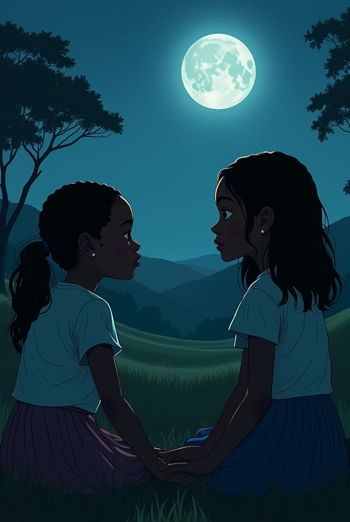  A beautiful African fair in complexion teenage girl with long curly ponytail full hair wearing an ash colored pyjamas, sitting in her room crying. Another light skinned African girl sitting next to her, wondering why she is crying. Outside environment dark as night realistic paint 