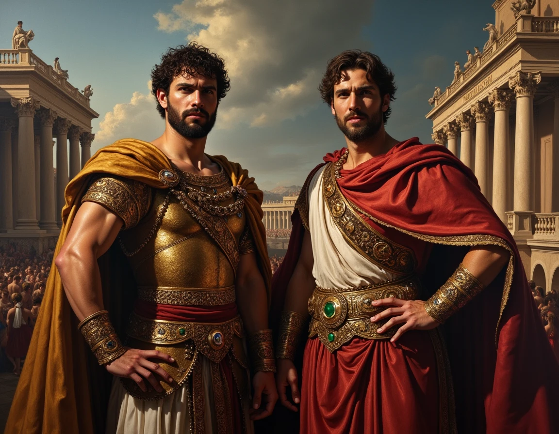 2 men, photorealistic, full body view. A young, handsome, sexy, muscular Caucasian gladiator with shaved brown hair, stubble, and blue eyes, shirtless, with one steel shoulder guard, and loincloth. A young, muscular, handsome Greek man with short dark hair, and green eyes, and stubble, wearing a white toga skirt. They are standing in an ancient temple at night, lit by torchlight.