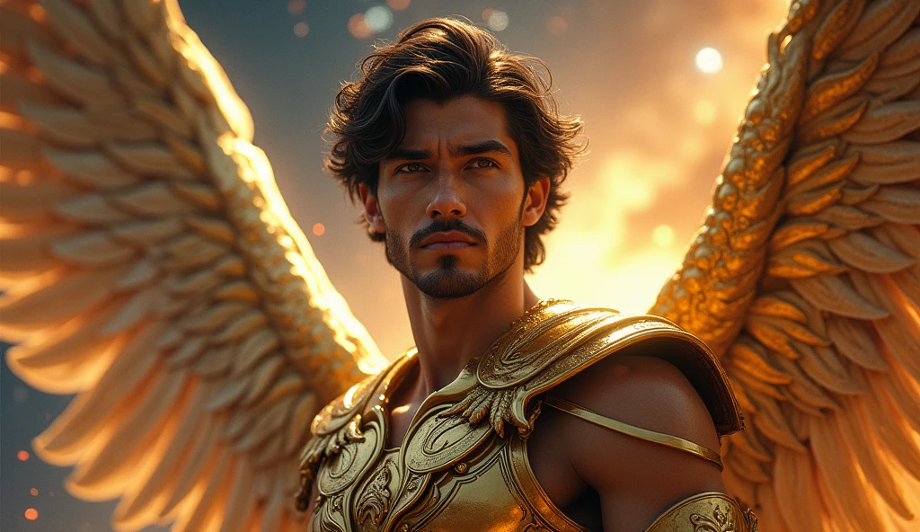 **A photorealistic depiction of Himeros, the Greek god of sexual desire, standing majestically. Himeros is tall and athletic, with smooth, sun-kissed skin. His piercing green eyes are filled with seduction and wisdom, and his flowing, curly black hair cascades down to his shoulders, catching the light to highlight its luster.**
**He wears a white chiton with gold embroidery, draped loosely over one shoulder to reveal his muscular chest and arms. His stance is confident and graceful, exuding both power and allure. From his back, large, magnificent wings extend, their feathers shimmering with subtle iridescence, capturing the light in hues of white and gold.**
**At his feet, a single serpent coils gracefully on the ground, its iridescent scales reflecting shades of green, gold, and blue. The serpent's eyes glint with a mystical intelligence, and its tongue flickers as it senses the energy around it.**
**The background features an ethereal landscape with soft, golden light filtering through the clouds, casting a warm glow around Himeros. Elements of Greek architecture, such as marble columns and ancient temples, are interwoven with natural elements like olive trees and blooming flowers. This setting creates a divine and harmonious atmosphere, highlighting the convergence of desire and healing.**