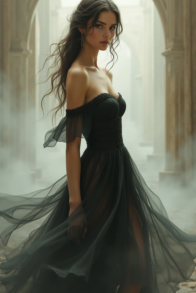 pastel colors, like beige, yellow, white, pink, and light blue, shadow wich black dress and its background will be dark.