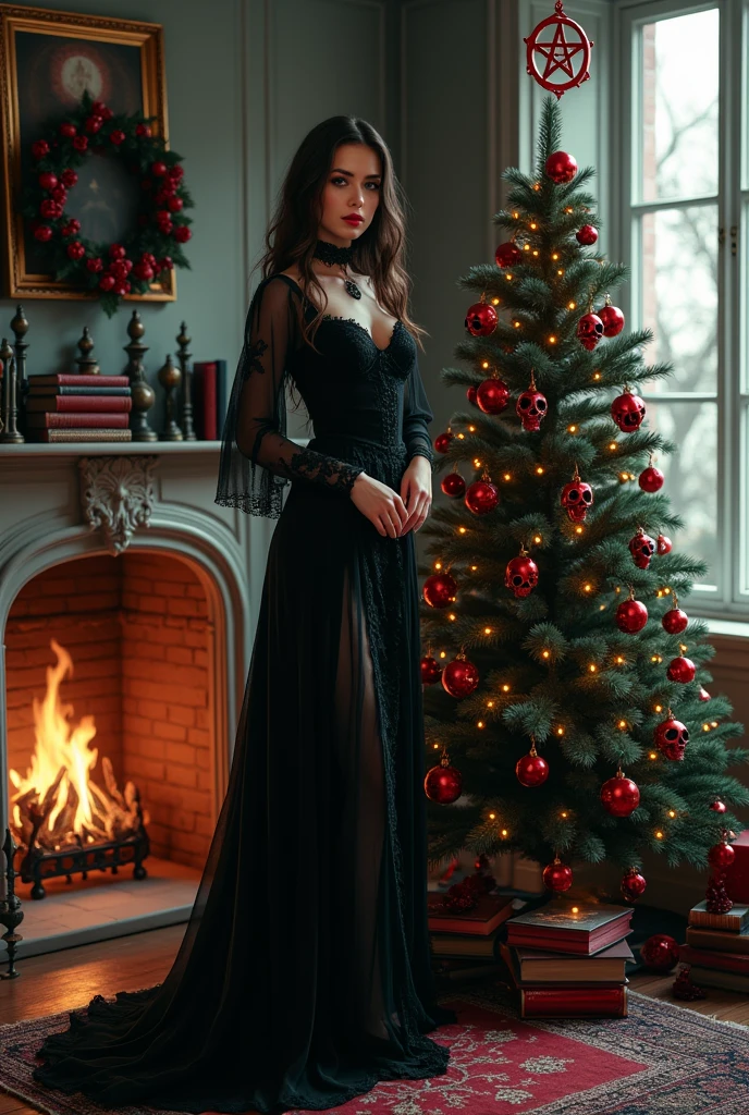 a beautiful young woman named Alice, smiling, black hair, white skin, turquoise blue eyes wearing a black dress, next to a turquoise green and black Christmas tree, with hyper-realistic style, full body view