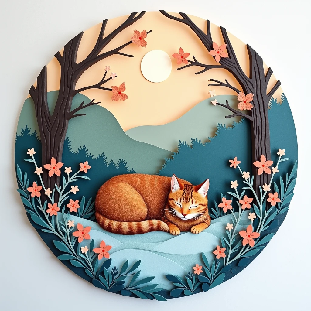  round relief ,  fusion of paper cutting and shadow painting,  image on multicolored construction paper ,  sleeping cat curled up , Snowy landscape painting , Plants in the background, 2.5D,  Delicate and dynamic effects , Glitter Effect,  Fog filter effect , Artistic, Artistic photography,  surrenders, CG digital art