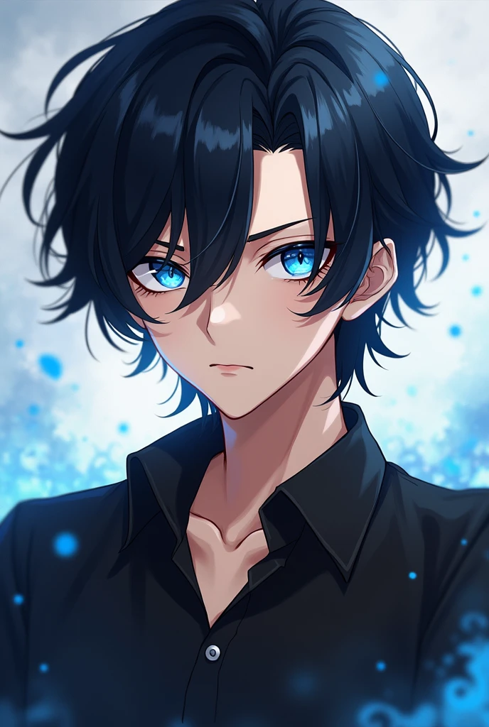 Anime boy with blue eyes and black hair with a black shirt, a character ...