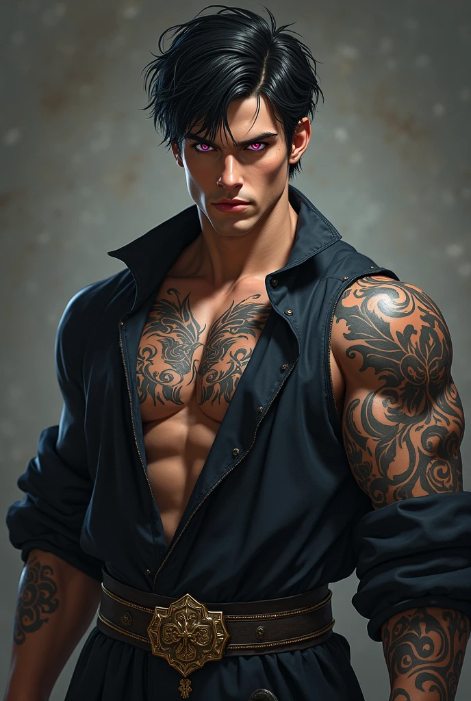 Next up is a rougher looking guy, Brown skin, black eyes, Black hair and the same cut as the previous boy, short on the sides and a little long in front, His body is more defined and taller, He wears a black ring on his lower lip and has a tattoo on his right arm as well., I can distinguish one that has the shape of wings with an eye in the middle, with noticeable moles on his body